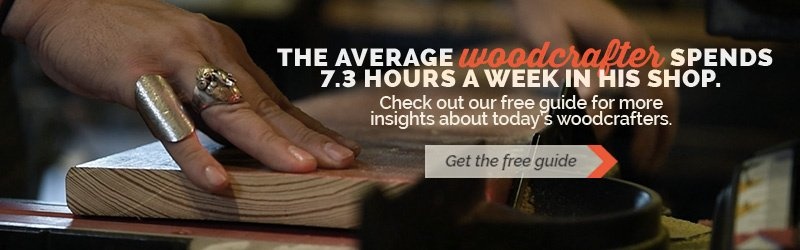 woodworker hand pushing wood plank, average woodcrafter spends 7.3 hours a week in his shop, invitation to download free guide to today's woodcrafters