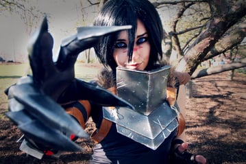 Cosplay maker posing in armored Halloween costume