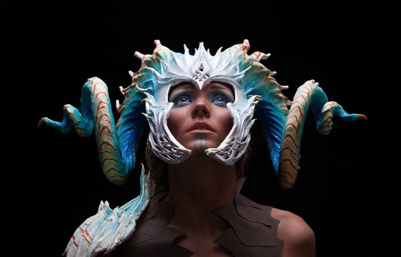 Cosplay maker wearing an intricate horned headpiece made from innovative cosplay supplies and products