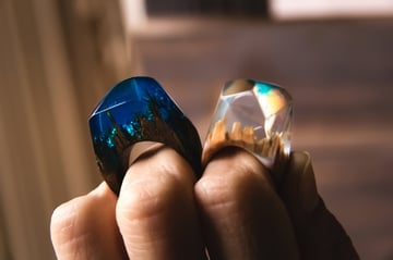 Wood and resin jewelry rings made in a mold